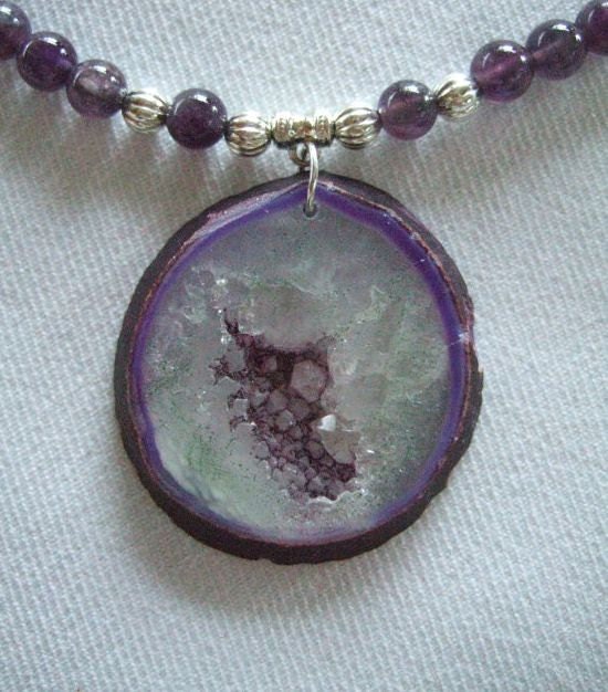 Amethyst Gemstone Pendant Hand Beaded Statement Necklace and Earrings, Unique OOAK