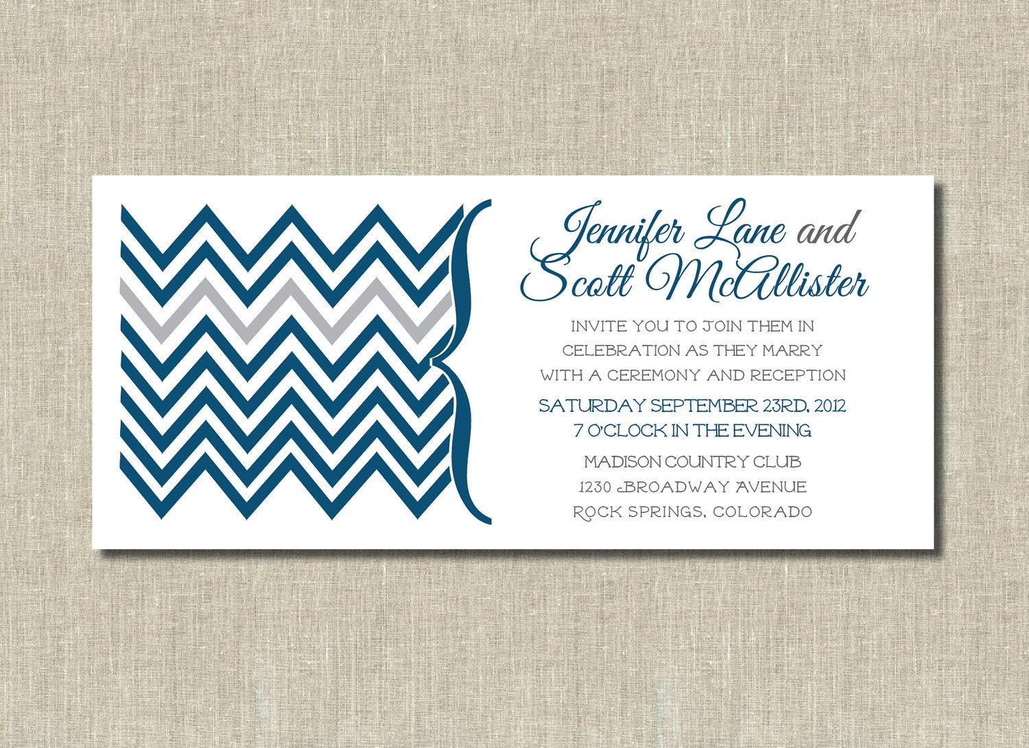 Long Casual Modern Blue Chevron Printable Wedding Invitation - Customized Colors