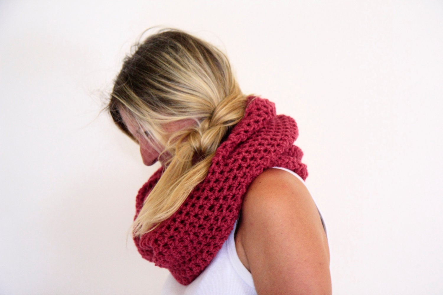 Infinity cowl neckwarmer crochet winter fashion in ruby, Calypso Cowl, under 50