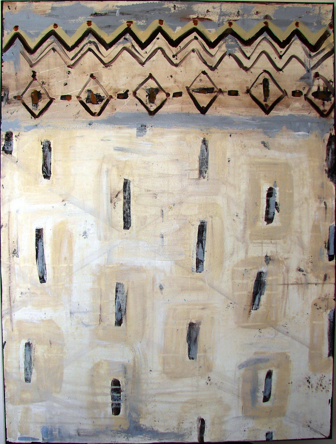 Art Painting Original acrylic abstract batik cream, brown, gray canvas painting Moroccan 30 x 40 by Cheryl Wasilow