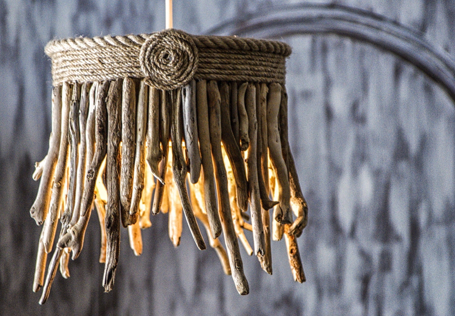 Driftwood Hanging Light Chandelier / Table Lamp, Coastal Chic Lamp, Rope Lamp, Hanging Light, Sunburst Lamp
