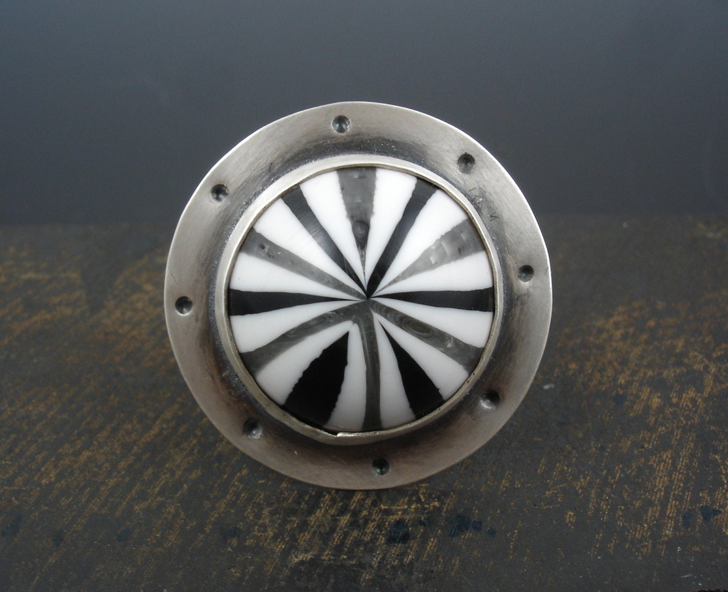 Lucite black and gray stripe sterling silver turbine ring