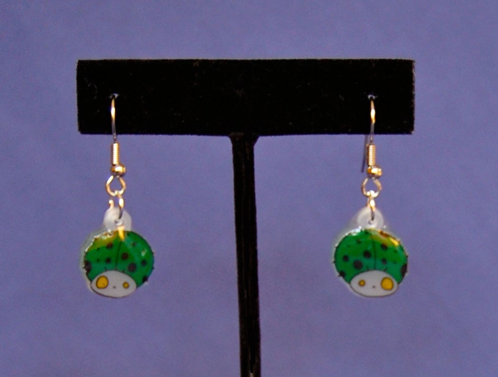Green Ladybug Earrings  - Hanging -  Little Bug Shrinky Dink - Shrink Plastic