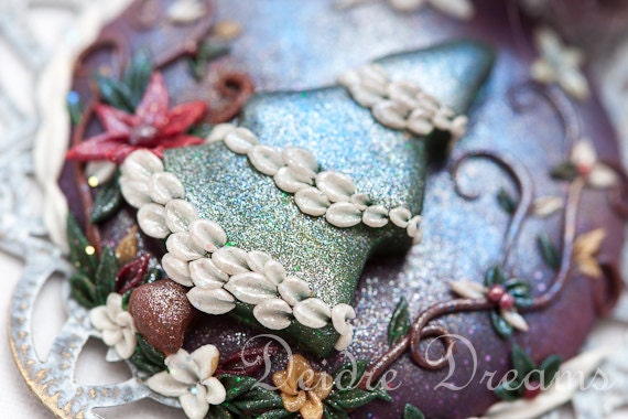 Pagan Tribal Yule Tree Art Yarn Necklace - Polymer Clay Flowers - Polymer Clay Cameo - Wearable Art Jewelry - Winter Holiday Fiber Jewelry