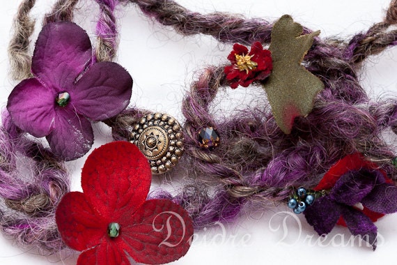 Pagan Tribal Yule Tree Art Yarn Necklace - Polymer Clay Flowers - Polymer Clay Cameo - Wearable Art Jewelry - Winter Holiday Fiber Jewelry