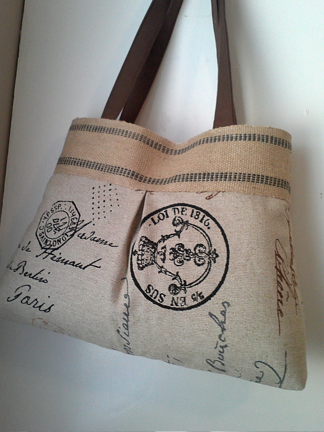 Handbag Tote Purse with Jute Webbing in French Postale Print