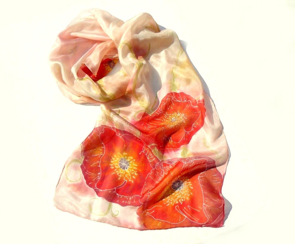 Red flamenco flowers silk scarf Hand painted scarf Floral scarf, peach, tangelo