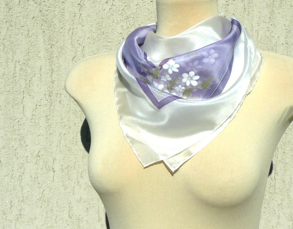 Hand painted lilac silk scarf with little white flowers - floral silk scarf
