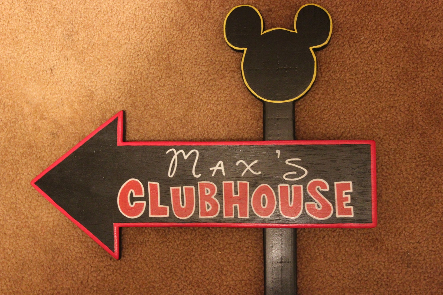 SALE -Wood Micky Mouse or Minnie Mouse Clubhouse Sign - Outdoor Post - Mickey Mouse - Birthday Party Decorations - All Black - Unique design