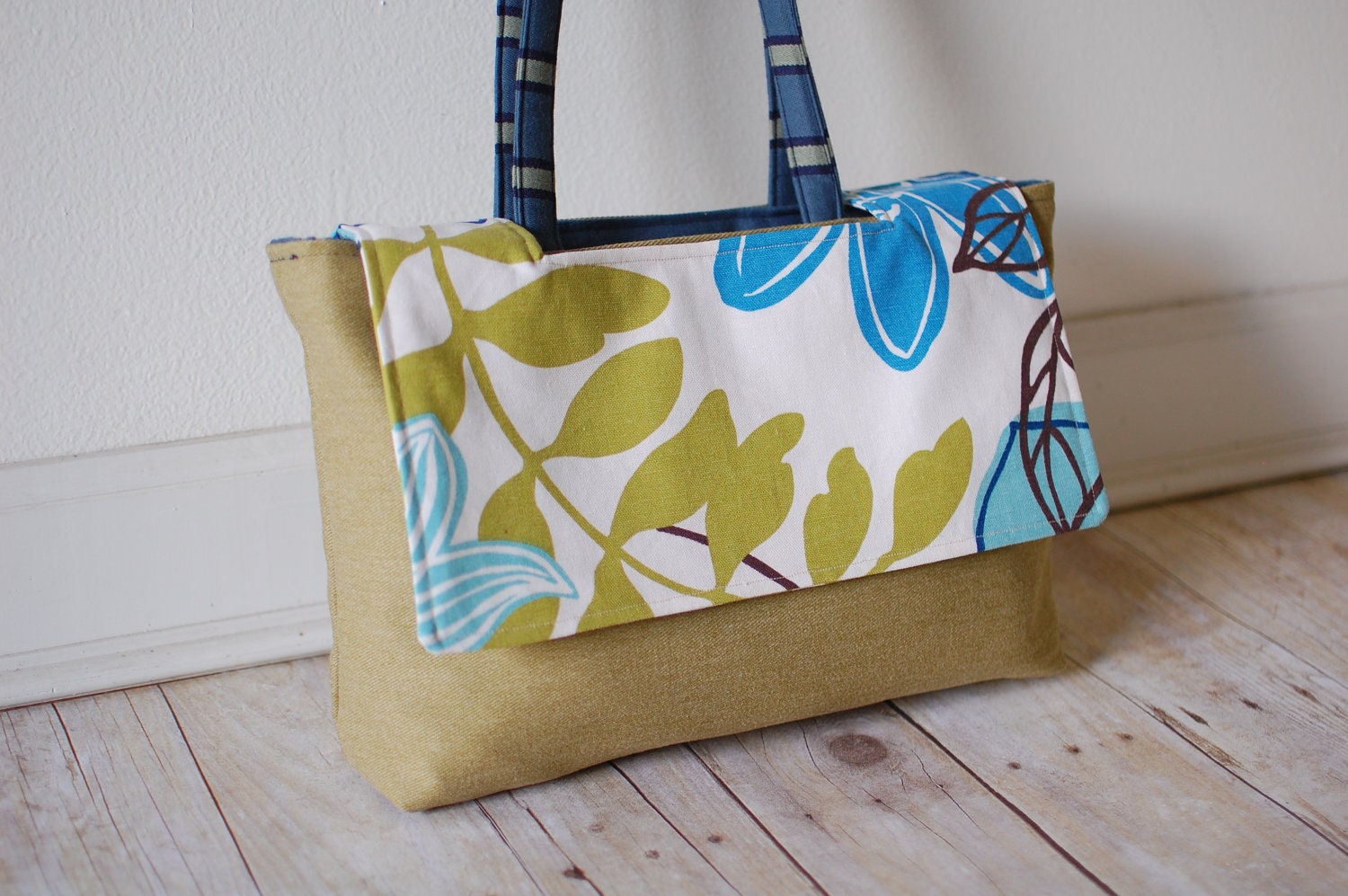 Spring SALE- The Reversible 'Nicole' Floral and Striped Satchel- Laptop Bag- Blue and Green, Horizontal Stripes- Regularly 42
