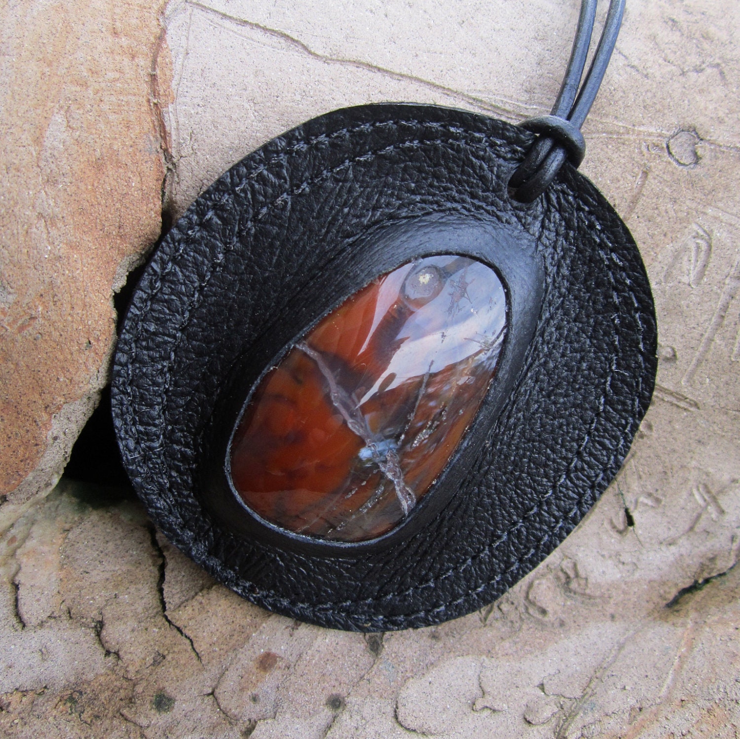 RESERVED For Miss Juju Australian Agate Pendant Necklace recycled leather jewelery by Ariom Designs