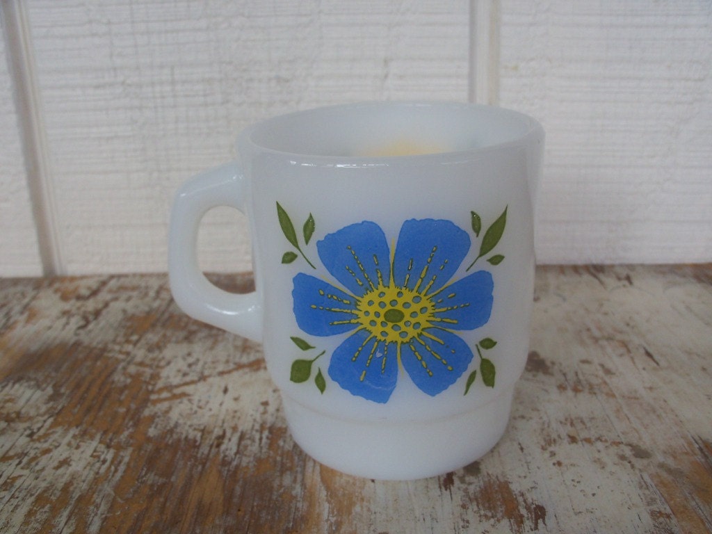 Fire King Mug - Retro White Milk Glass Cup w/ Flowers, Vintage 1960s