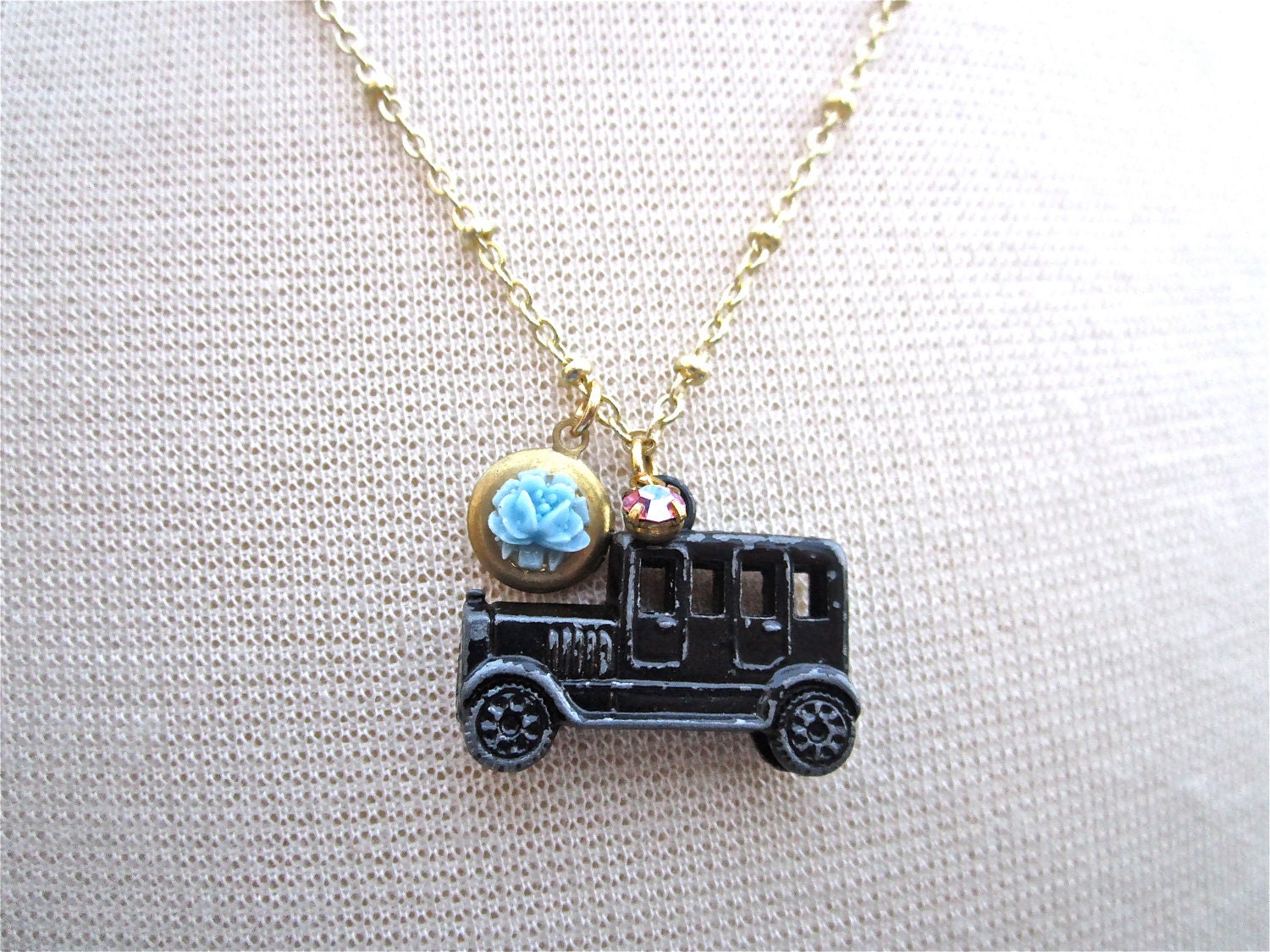 Child's Locket Necklace Stocking Stuffer Vintage Charm Black London Car Shabby Chic Kids Gold Flower Cracker Jack - Driving Miss Daisy