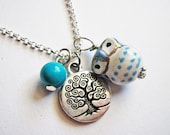 Owl Necklace, Tree of life necklace, Owl Pendant, Owl Jewelry, Turquoise Necklace, Owl Bead, Lovely Owl Necklace, ceramic owl necklace