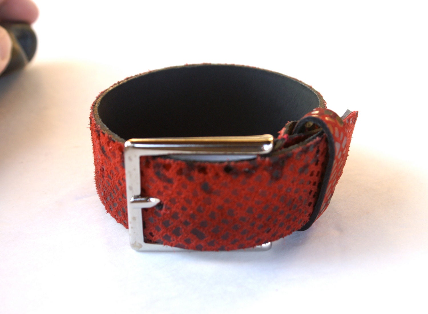 Red Leather Belt Bracelet Upcycled Italian Leather Adjustable Cuff Unisex