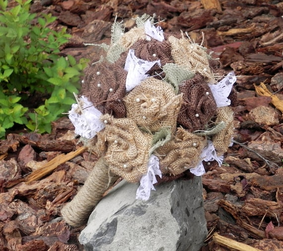 Burlap Rose Bouquet With Pearls and Lace - 2 Rose Colors, 2 Filler Colors, Burlap Wrap and Pearl Pins