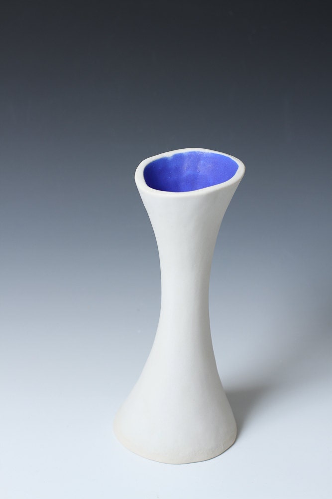 Porcelain White and Electric Blue Hourglass Flower Bud Vase 7.25" high /  Unique pottery vase and great gift
