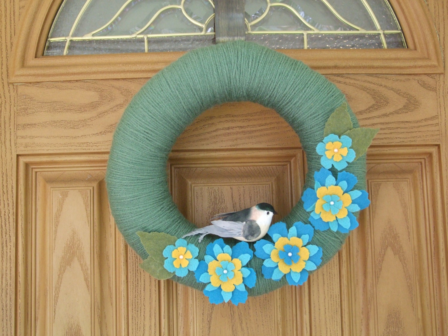 Sage Garden Wreath-Ready To Ship- Summer Decoration-Door Decor- 12 inch Sage Green Yarn and Felt Flower Wreath