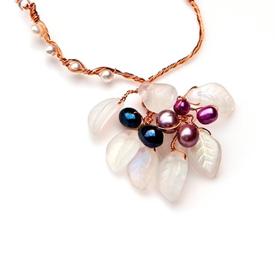 Purple Blue Mauve Beaded Necklace, Leaf Necklace, Nature Jewelry, Copper Jewelry