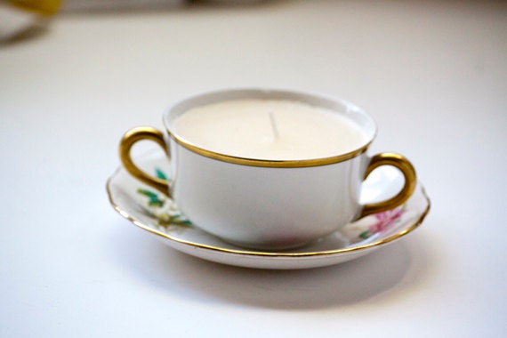 Up-Cycled Cup Candle with Mismatched Saucer, Cup Hathaway and Saucer Royal Vale Bone China