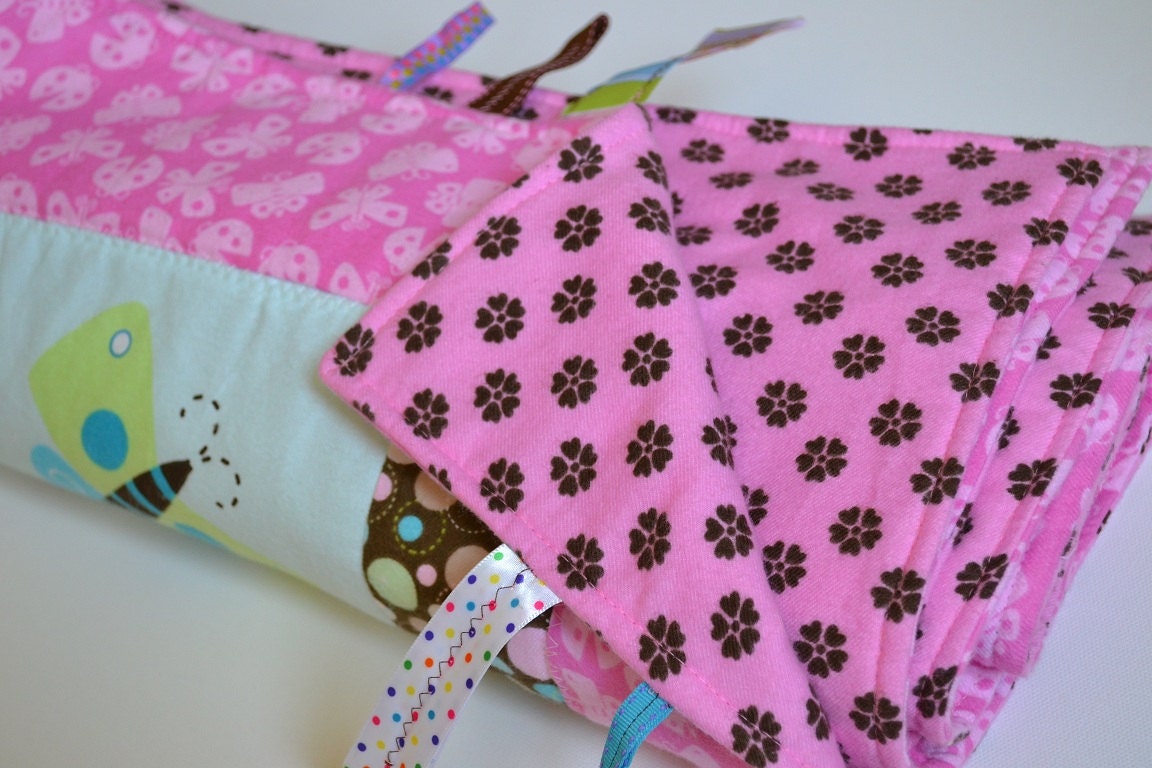Sensory Baby Blanket / Playmat - LADY BUG GARDEN - cotton flannel - toy attachment - 3D panel - tummy time