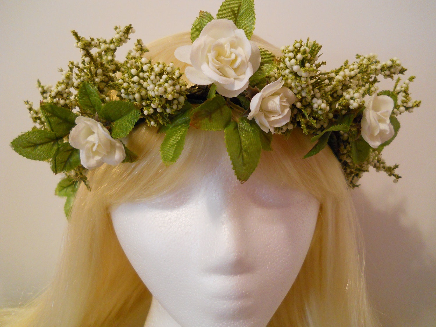 Flower Crown, Head Wreath, Weddings, White, Flower Girl, Bridal, Babies Breath, Rose, Hair Accessories, Flower Tiara, Woodland, Fairy, Green