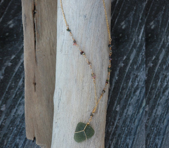 Green Natural Beach Glass Wire-wrapped Necklace on Combination Semi-Precious Stone Chip and Gold Link Chain, Dune Time Arts