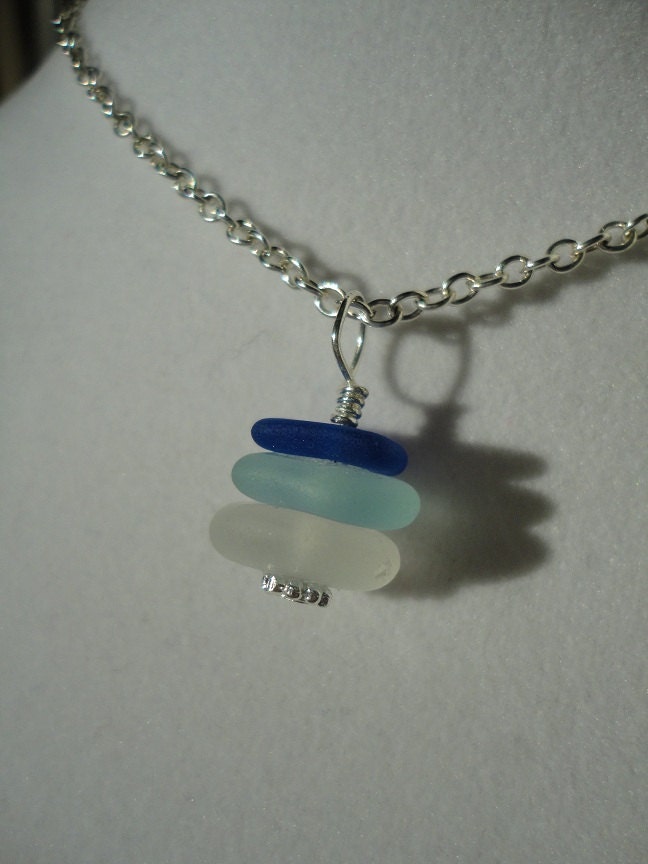 Stacked cobalt blue, aqua and white sea glass necklace