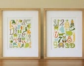 Alphabet Number Animals Nursery Wall Art Print, Baby Girl, Baby Boy, Kids Room Decor Poster, Set of two