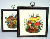 SALE Vintage 1970s Mushroom Trivet Tile Wall Hangings, Set of 2 Tile on Wood, Psychedelic