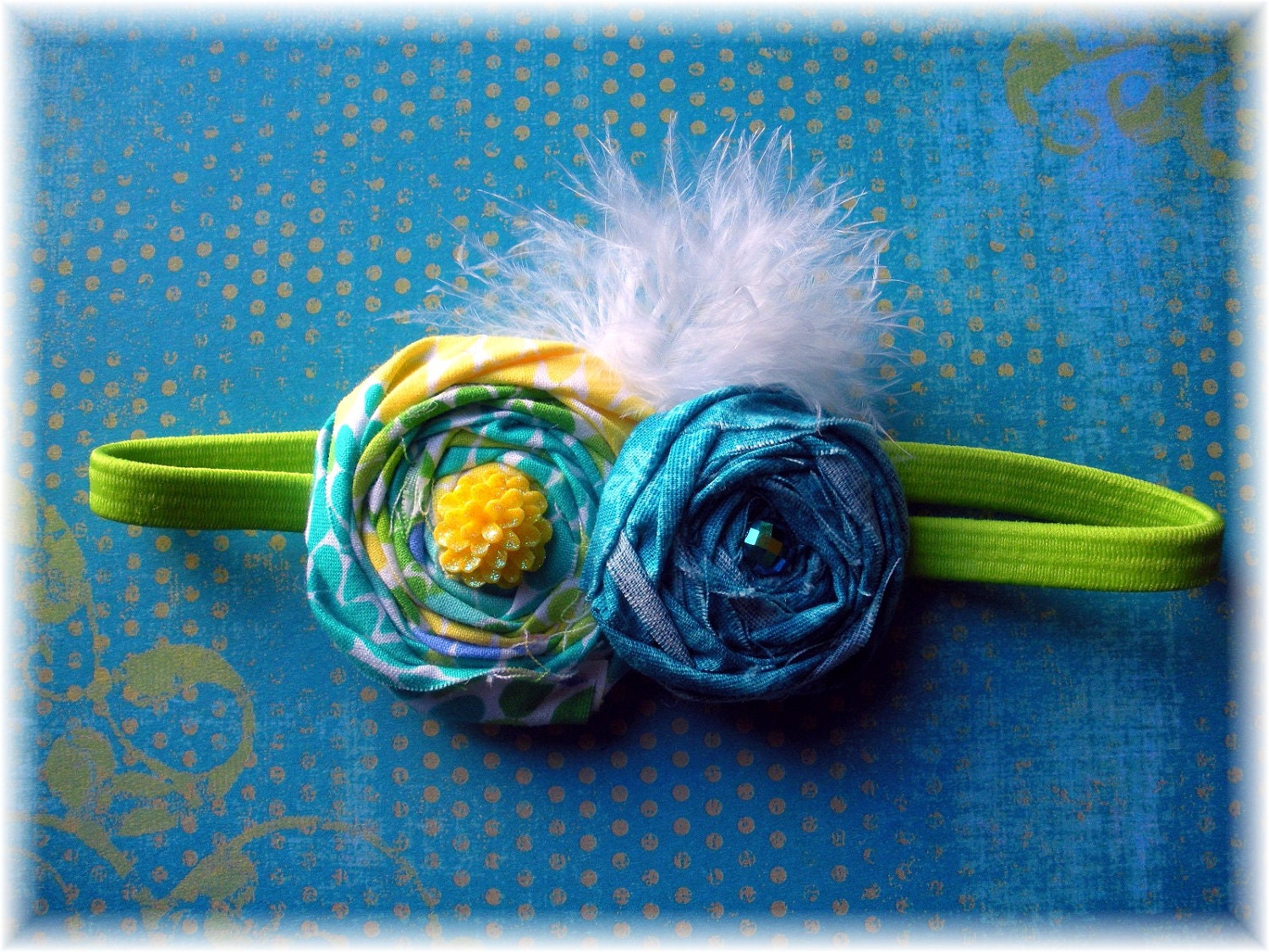 Lemongrass- M2M Persnickety 2013 Lemon Tree Spring Collection- Colorful Flower Print and Teal Rolled Fabric Flowers w/ White Feather 6-9mo