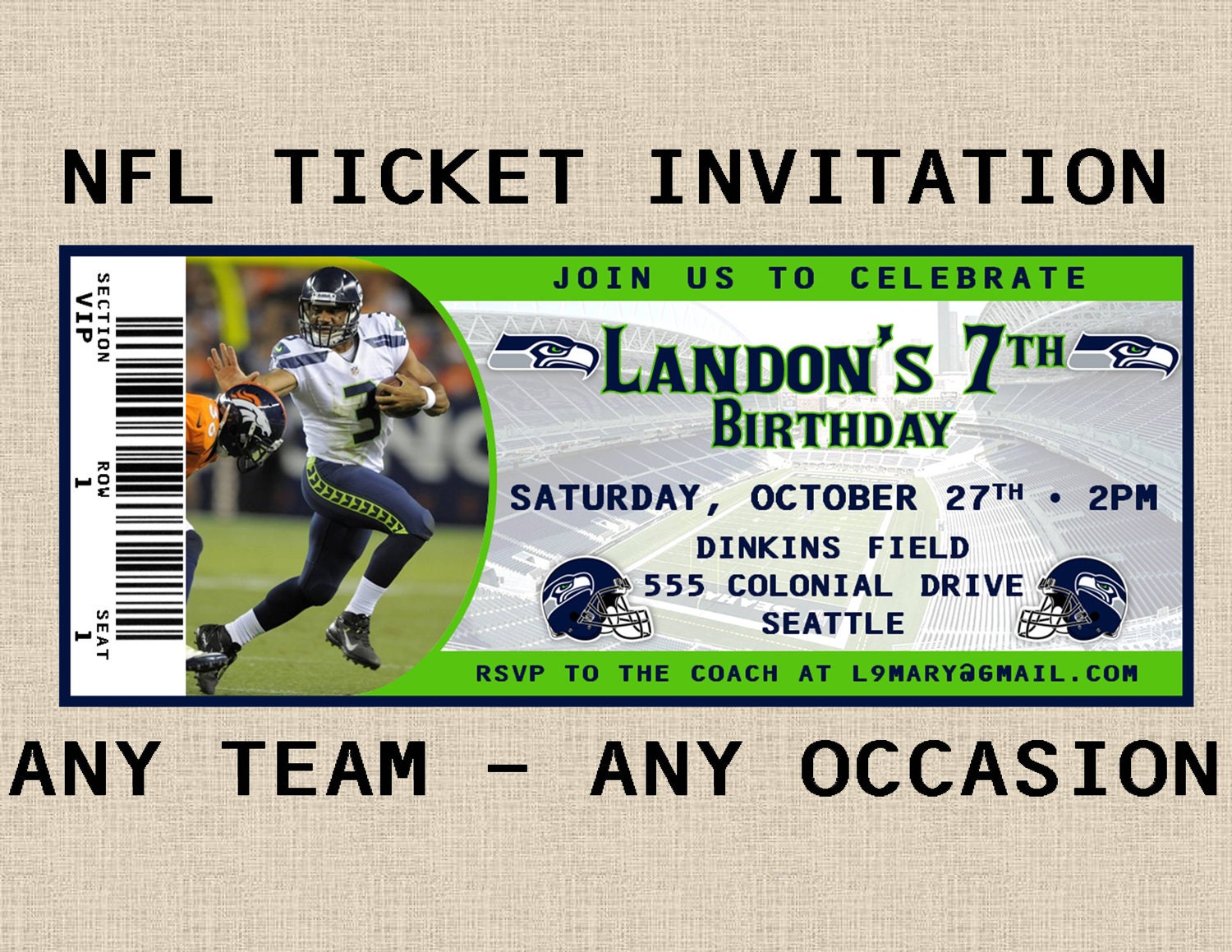 SMALL 2x6" or 2.5x7" JPEG - Any NFL Team - Any Occasion - Football Ticket Invitation