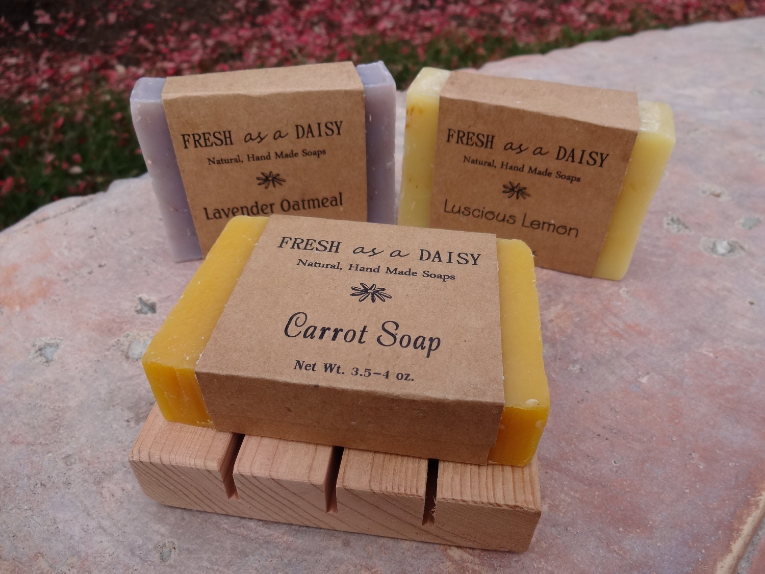 Set of 3 Natural, Handmade Soaps and Cedar Soapdish Gift Set - Carrot, Luscious Lemon and Lavender Oatmeal