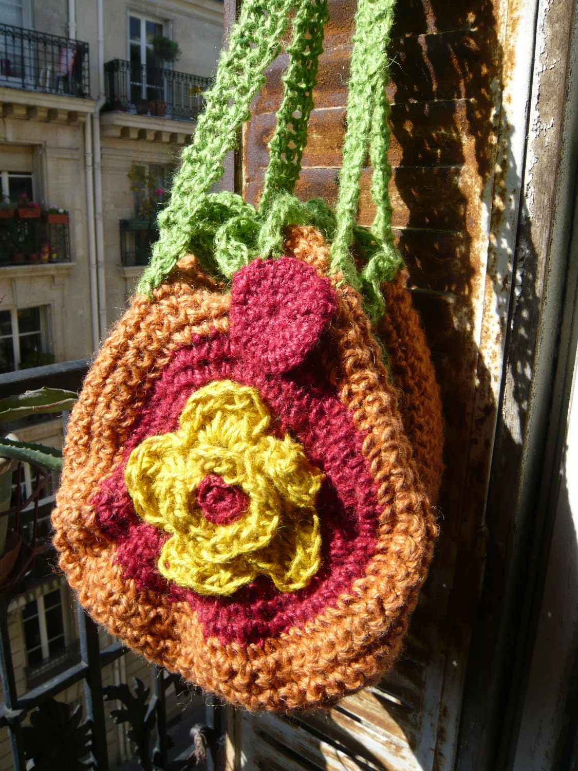 handmade crocheted jute twine bag,tote,orange,pumpkin,yellow,green,red,with flowers and leaves,halloween,autumn