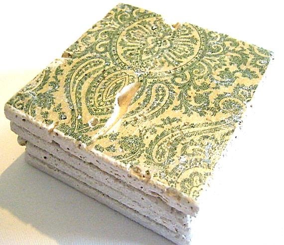 Green Vintage Wallpaper Inspired Coaster Set of Four