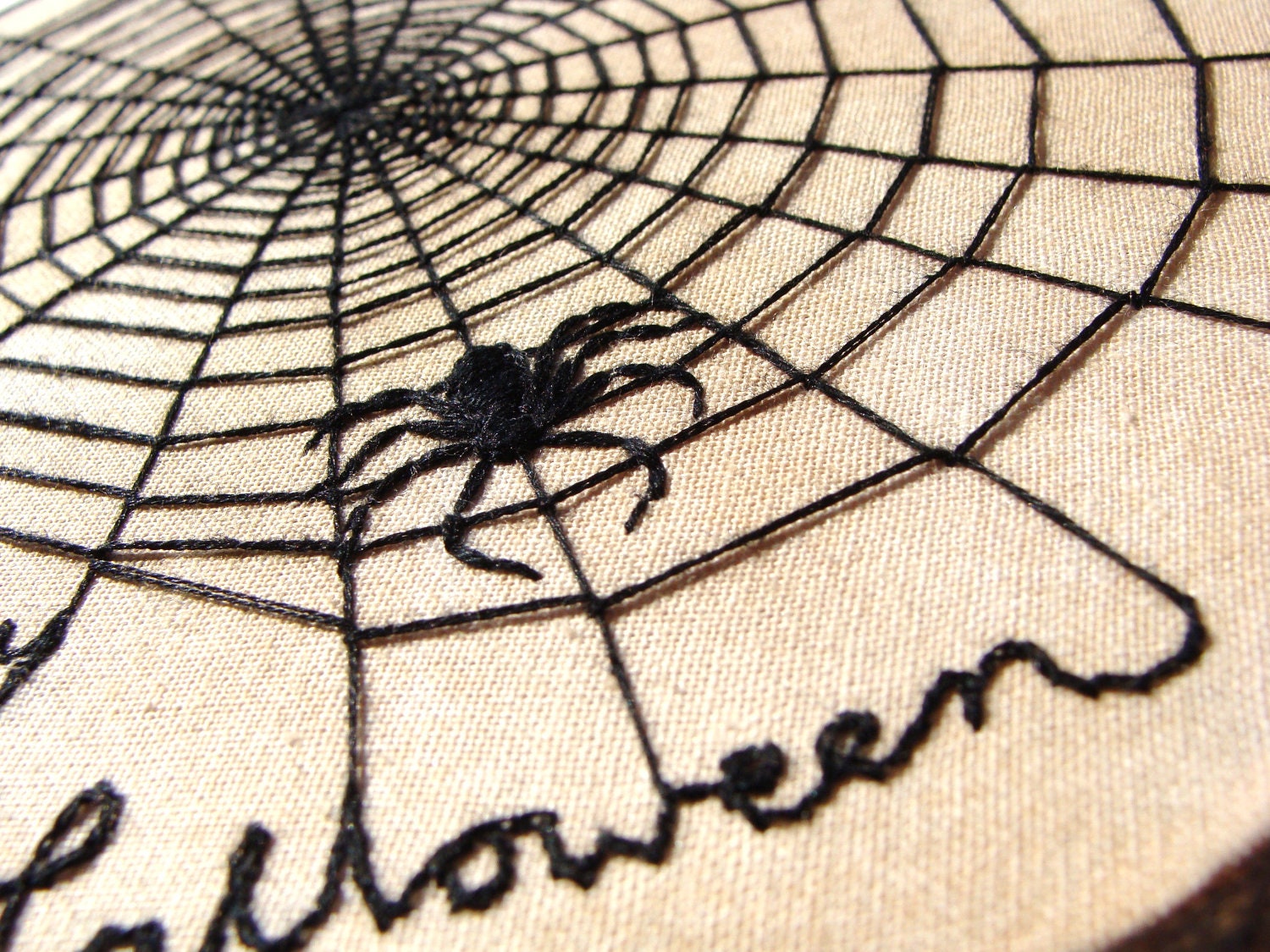 Halloween Wall Art, custom work available  - spider web, black spider, 6 inch wood hoop wall hanging, halloween decor, embroidered spider - OnTheWallByYoko