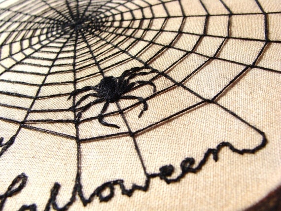 Halloween Wall Art, custom work available  - spider web, black spider, 6 inch wood hoop wall hanging, halloween decor, embroidered spider