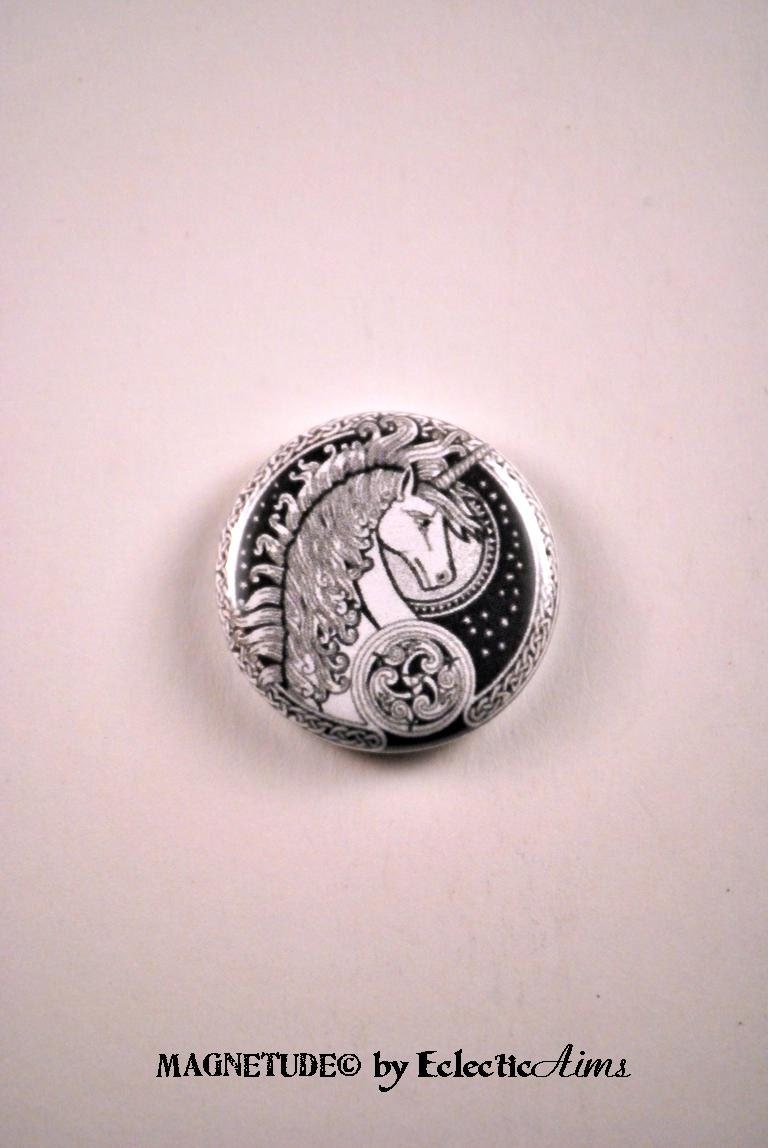 Unicorn Button Pin or Topper- Celtic Knotwork Fantasy, Monochrome
