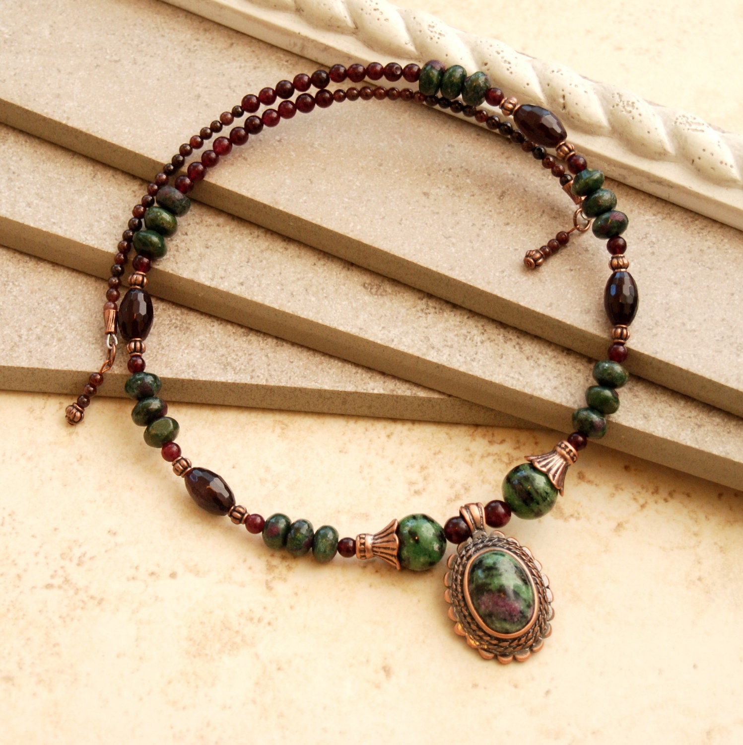 Ruby Zoisite Memory Wire Choker Style Necklace with Garnet and Copper Accents