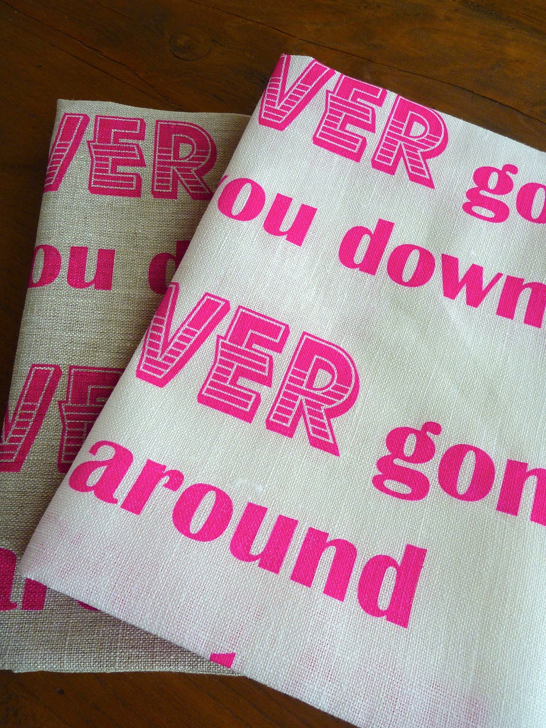 Never Gonna Give You Up tea towel in Pink on White
