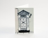 Greeting card with illustration of rustic white portal / classic door