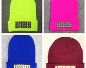 Studded Beanie Hat - Neon Yellow, Lavender, Hot Pink, Bubblegum Pink, Royal Blue Olive Green & Burgundy - Silver Gold Black Studs