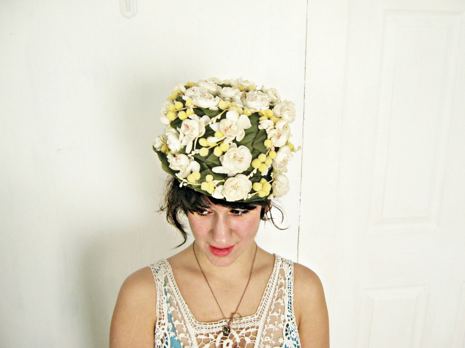 1960s Floral Brimmed Hat / Pillbox Hat / Olive Green and Yellow / Easter Hat / For Her