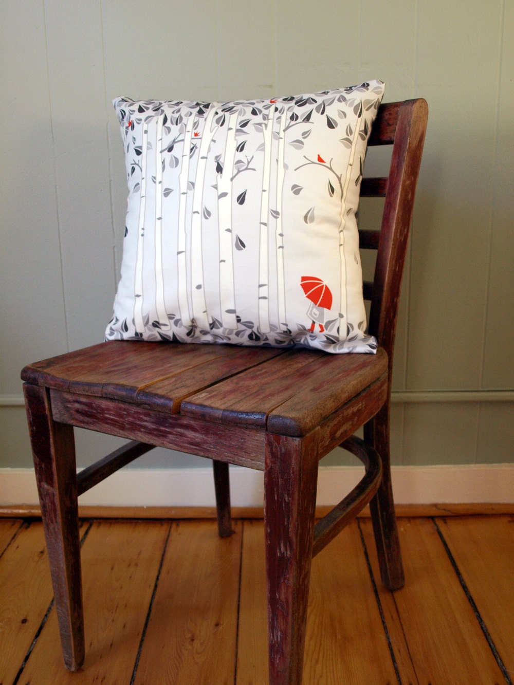 Linen Birch Tree Printed Pillow Cover in Greys and Red (Large)