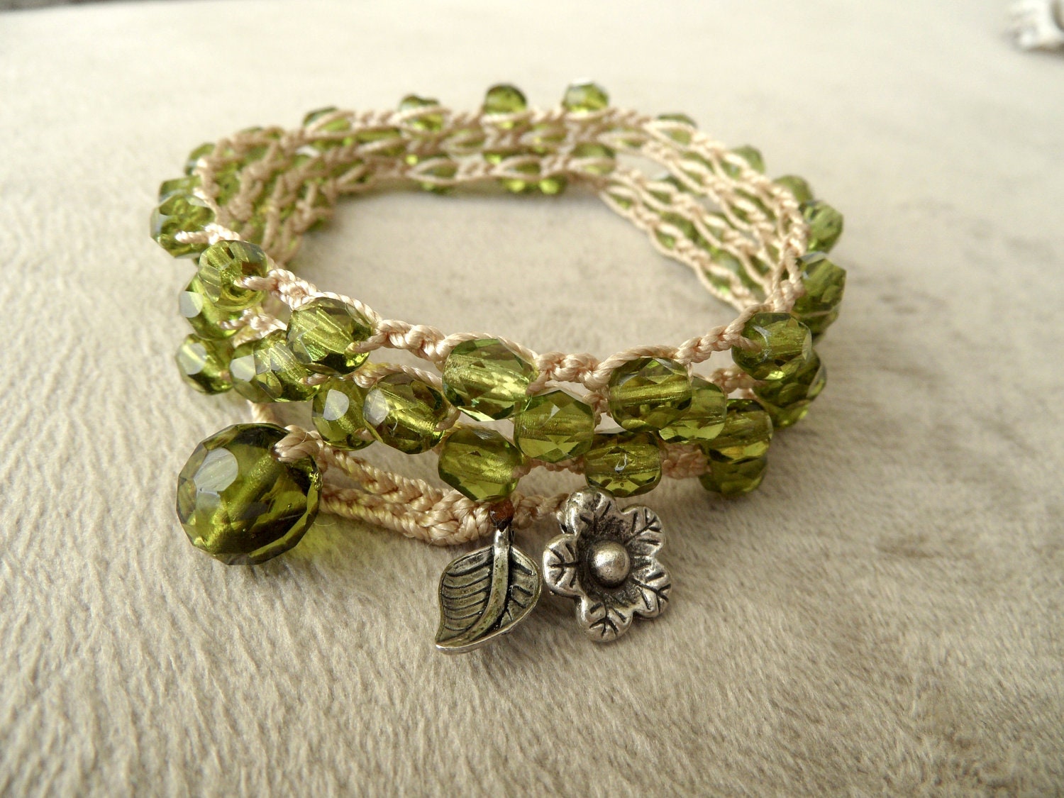 Crochet Wrap Bracelet, Boho Beaded, bohemian glass crochet beaded bracelet wrap 4x Green beads.... Floral, beach bracelet