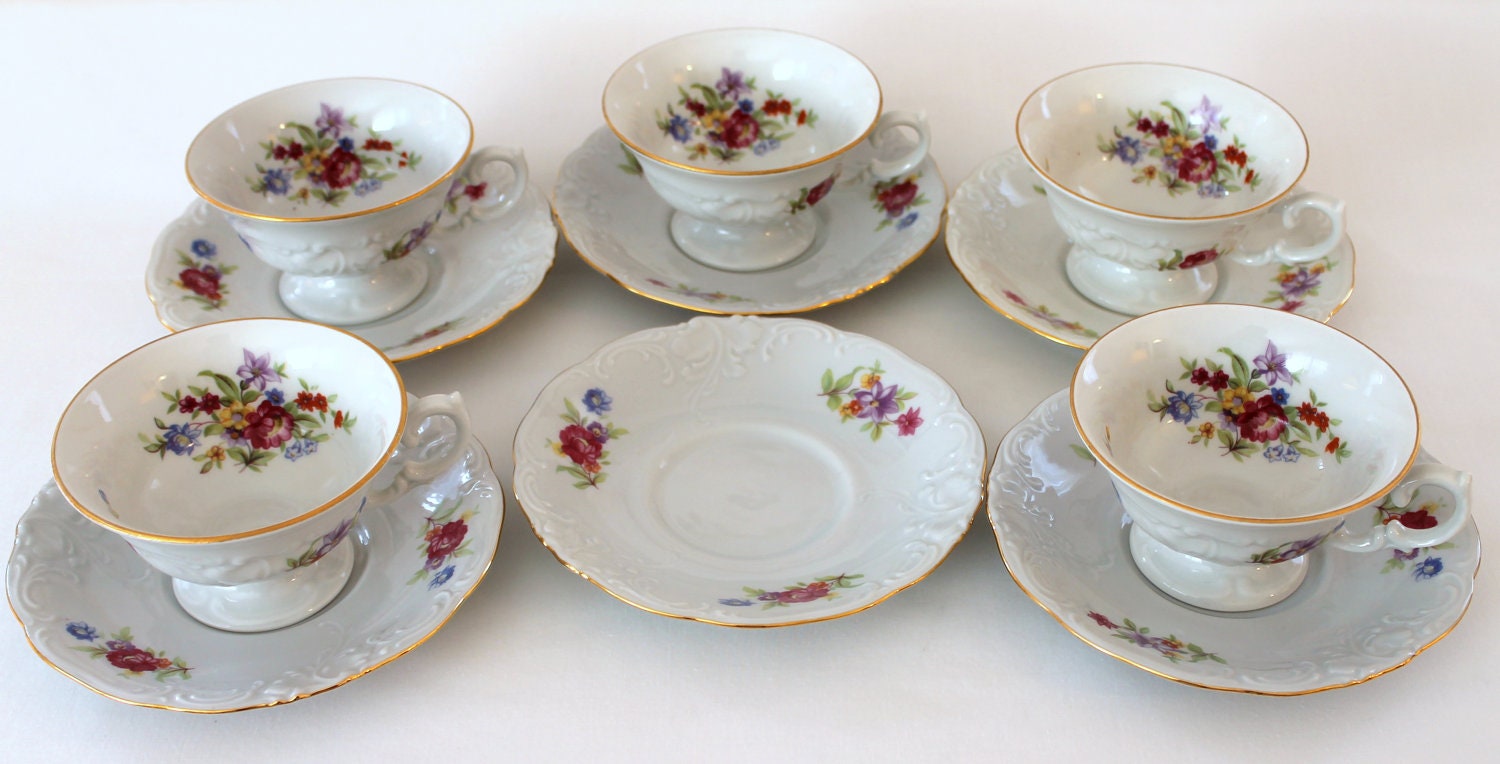 Five Tea Cups & Saucers with Extra Saucer...Wawel China...Meissen Flower Pattern...Made in Poland...Cottage Chic