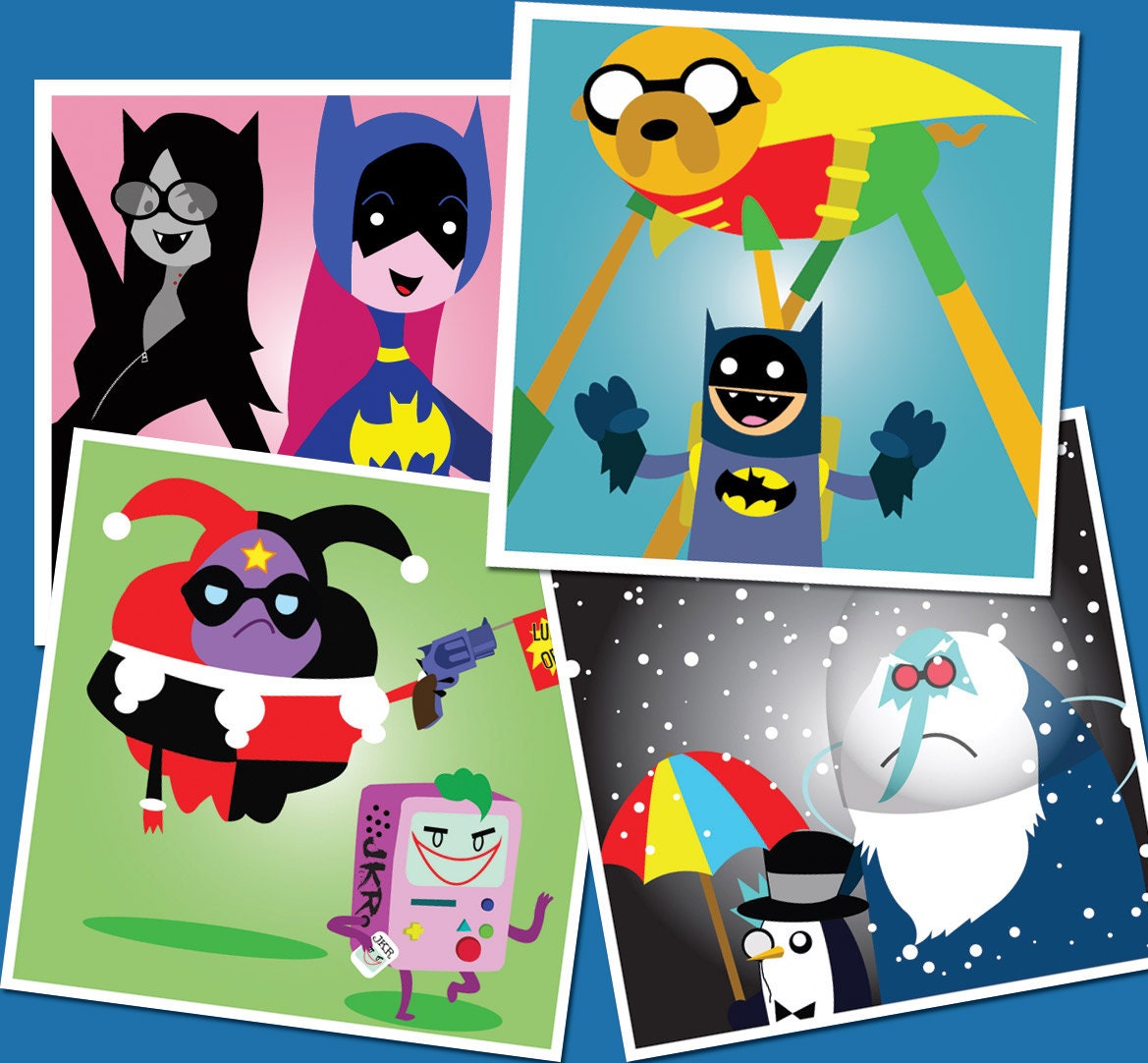 Adventure Time in Gotham City  Hero Squares - Original Artwork - Four 8.5" x 8.5" prints Finn & Jake Batman  LSP BMO Joker Harley Quinn