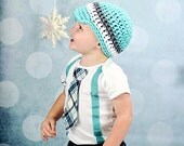 NEW SET - Baby Boy tie onesie with Suspenders and Visor Crocheted Hat - Holiday, Winter, Photo Prop