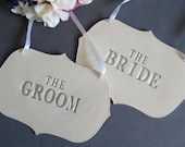 Large Silver 'The Bride' & 'The Groom' Wedding Sign Set to Hang on Chair and Use as Photo Prop - Available in silver, gold or black letters