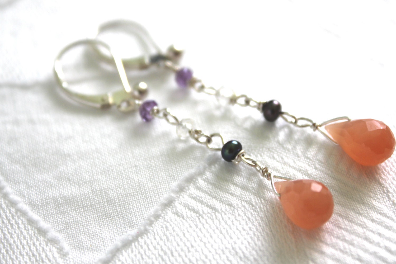 Pink Moonstone Drop Earrings,Wire Wrapped Sterling Silver Gemstone Earrings, Dangle Earrings, Handmade Jewellery